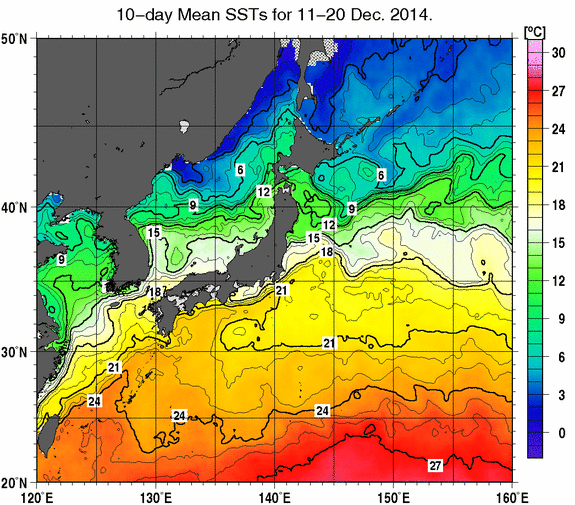 日本近海の旬平均海面水温分布図（2014年12月中旬）