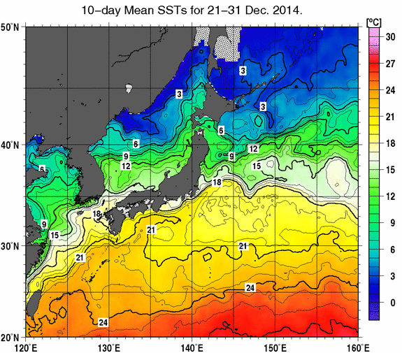 日本近海の旬平均海面水温分布図（2014年12月下旬）