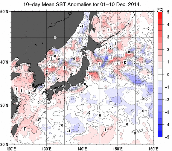 日本近海の旬平均海面水温平年差分布図（2014年12月上旬）