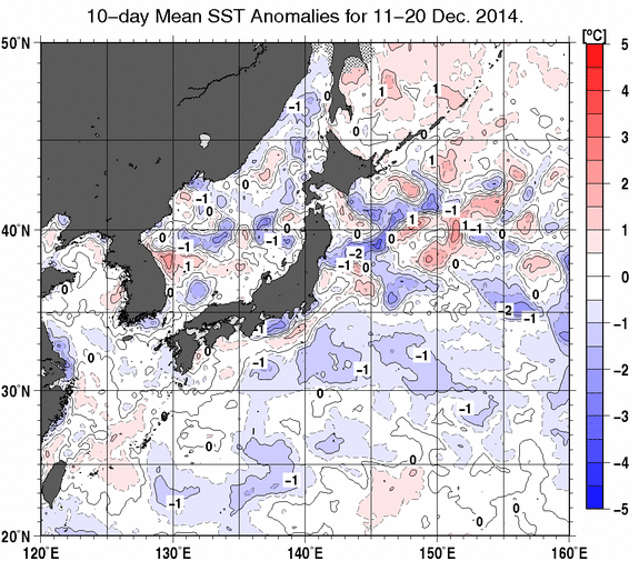 日本近海の旬平均海面水温平年差分布図（2014年12月中旬）
