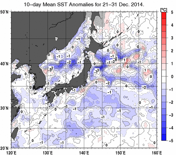 日本近海の旬平均海面水温平年差分布図（2014年12月下旬）