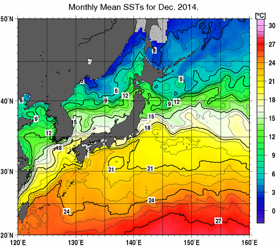 日本近海の月平均海面水温分布図（2014年12月）