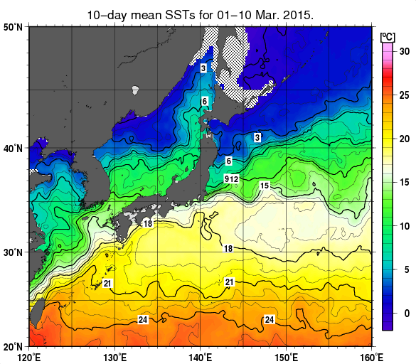 日本近海の旬平均海面水温分布図（2015年3月上旬）