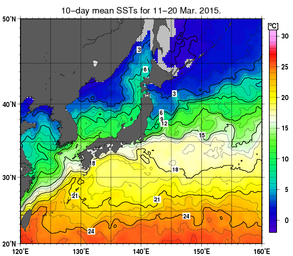 日本近海の旬平均海面水温分布図（2015年3月中旬）