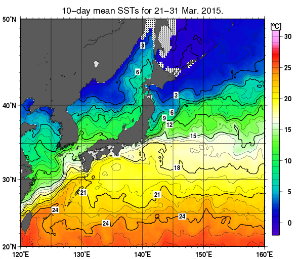 日本近海の旬平均海面水温分布図（2015年3月下旬）