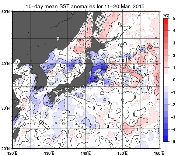 日本近海の旬平均海面水温平年差分布図（2015年3月中旬）