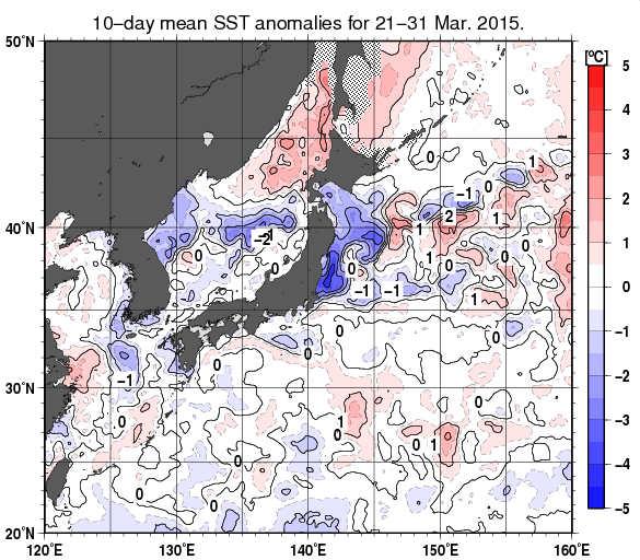 日本近海の旬平均海面水温平年差分布図（2015年3月下旬）