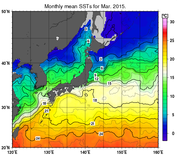 日本近海の月平均海面水温分布図（2015年3月）