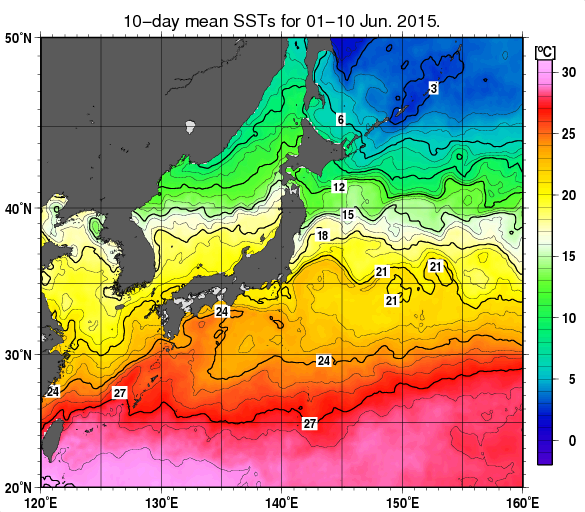 日本近海の旬平均海面水温分布図（2015年6月上旬）