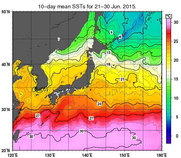 日本近海の旬平均海面水温分布図（2015年6月下旬）