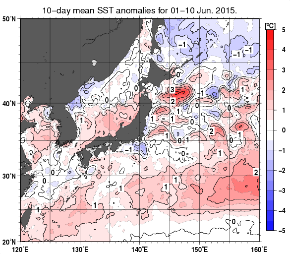 日本近海の旬平均海面水温平年差分布図（2015年6月上旬）