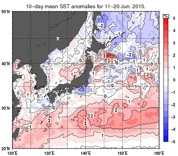 日本近海の旬平均海面水温平年差分布図（2015年6月中旬）