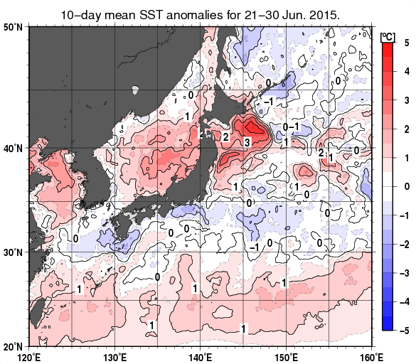 日本近海の旬平均海面水温平年差分布図（2015年6月下旬）