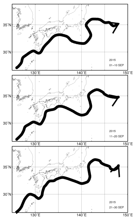 旬別黒潮流軸図（上段：2015年9月上旬、中段：9月中旬、下段：9月下旬）