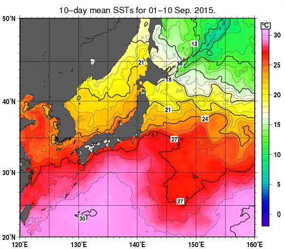 日本近海の旬平均海面水温分布図（2015年9月上旬）