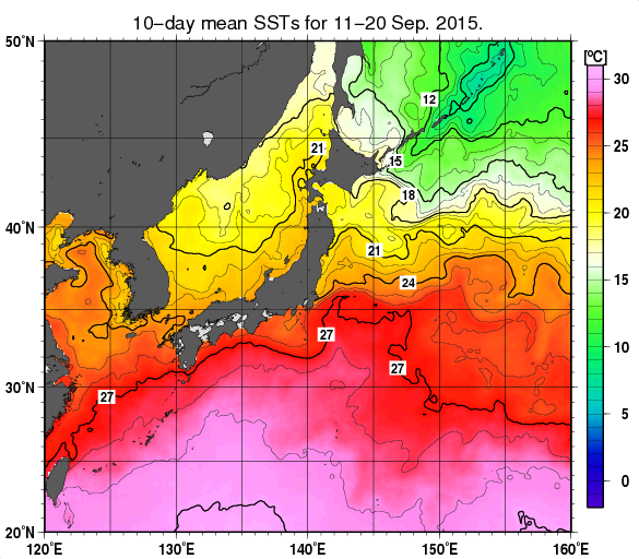 日本近海の旬平均海面水温分布図（2015年9月中旬）