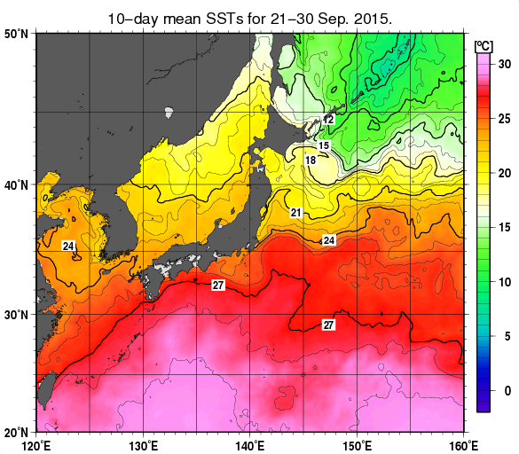 日本近海の旬平均海面水温分布図（2015年9月下旬）