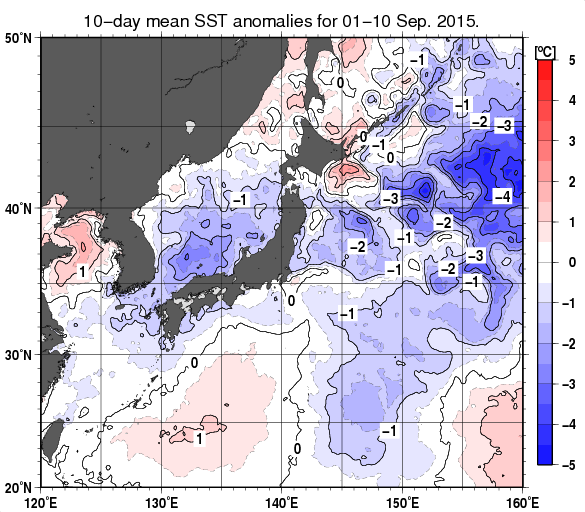 日本近海の旬平均海面水温平年差分布図（2015年9月上旬）