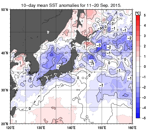 日本近海の旬平均海面水温平年差分布図（2015年9月中旬）