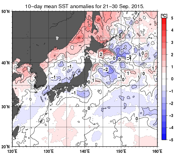 日本近海の旬平均海面水温平年差分布図（2015年9月下旬）