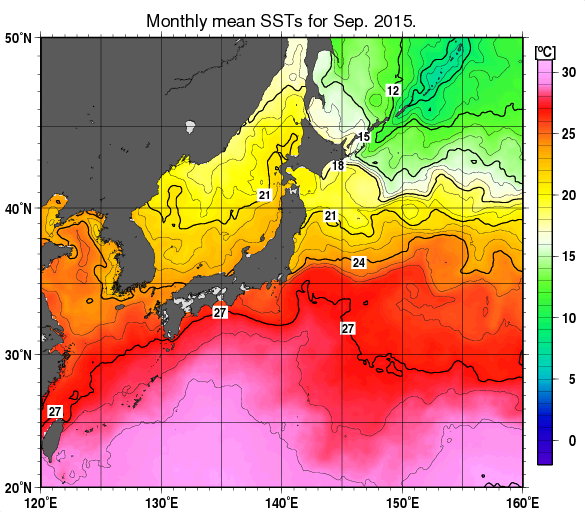 日本近海の月平均海面水温分布図（2015年9月）