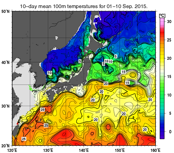 日本近海の深さ100mの旬平均水温分布図（2015年9月上旬）