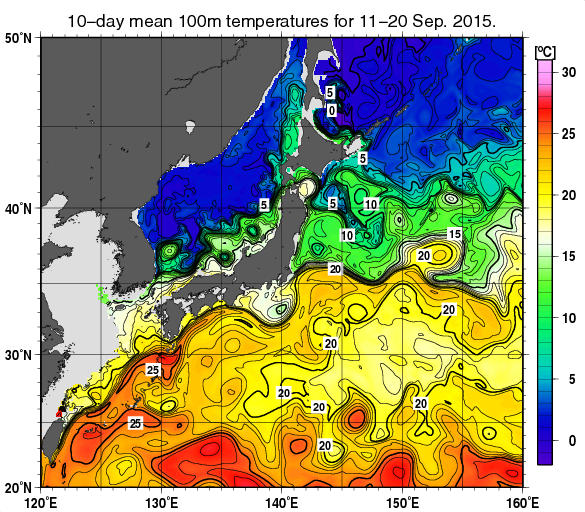 日本近海の深さ100mの旬平均水温分布図（2015年9月中旬）