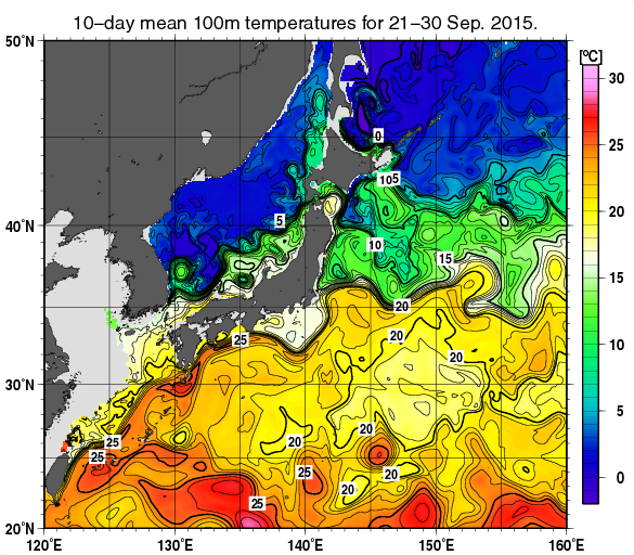日本近海の深さ100mの旬平均水温分布図（2015年9月下旬）