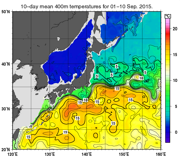 日本近海の深さ400mの旬平均水温分布図（2015年9月上旬）