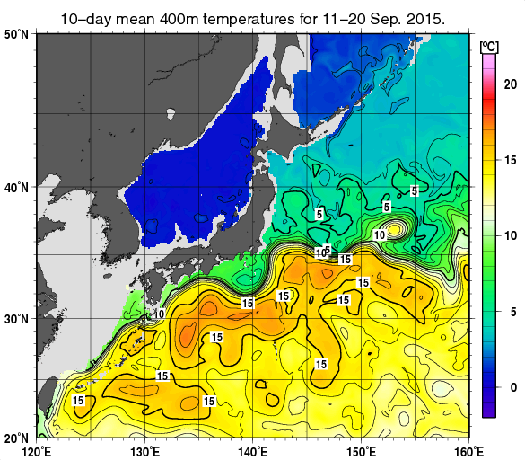 日本近海の深さ400mの旬平均水温分布図（2015年9月中旬）