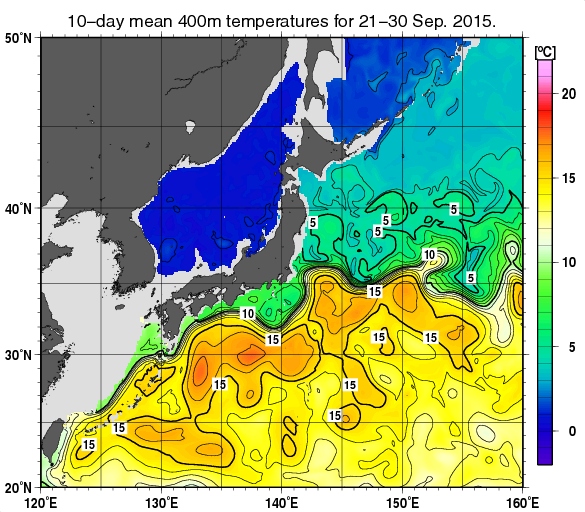 日本近海の深さ400mの旬平均水温分布図（2015年9月下旬）