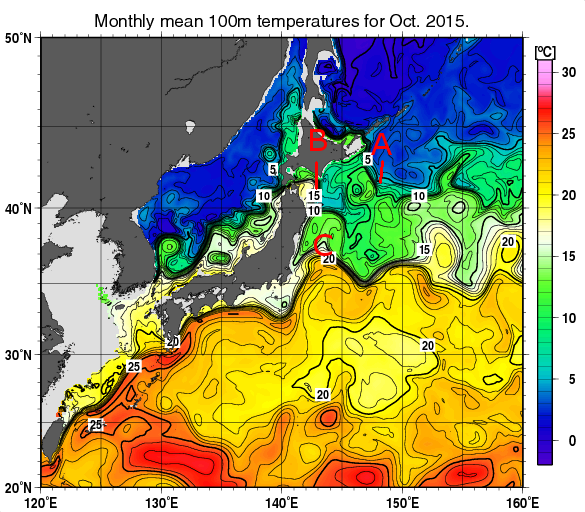 日本近海の深さ100mの月平均水温分布図（2015年10月）