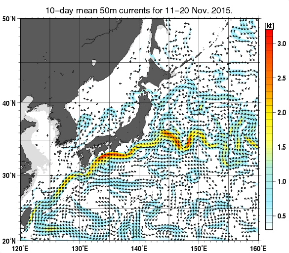 日本近海の深さ50mの旬平均海流分布図（2015年11月中旬）