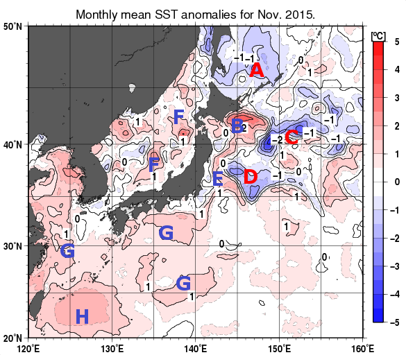 日本近海の月平均海面水温平年差分布図（2015年11月）