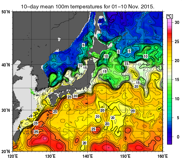 日本近海の深さ100mの旬平均水温分布図（2015年11月上旬）