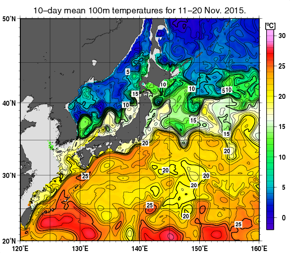 日本近海の深さ100mの旬平均水温分布図（2015年11月中旬）