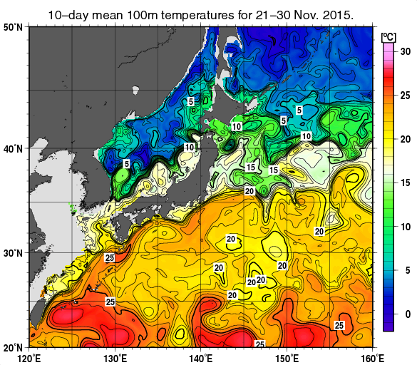 日本近海の深さ100mの旬平均水温分布図（2015年11月下旬）