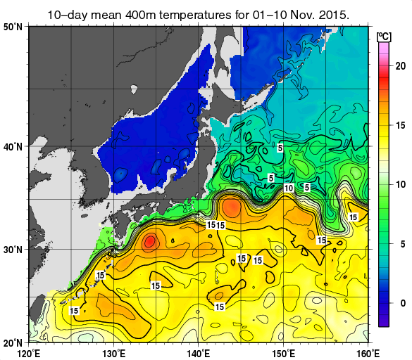 日本近海の深さ400mの旬平均水温分布図（2015年11月上旬）