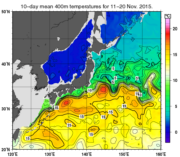 日本近海の深さ400mの旬平均水温分布図（2015年11月中旬）