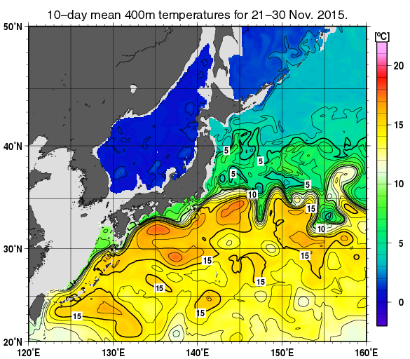 日本近海の深さ400mの旬平均水温分布図（2015年11月下旬）