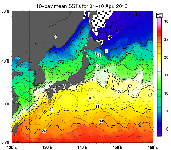 日本近海の旬平均海面水温分布図（2016年4月上旬）
