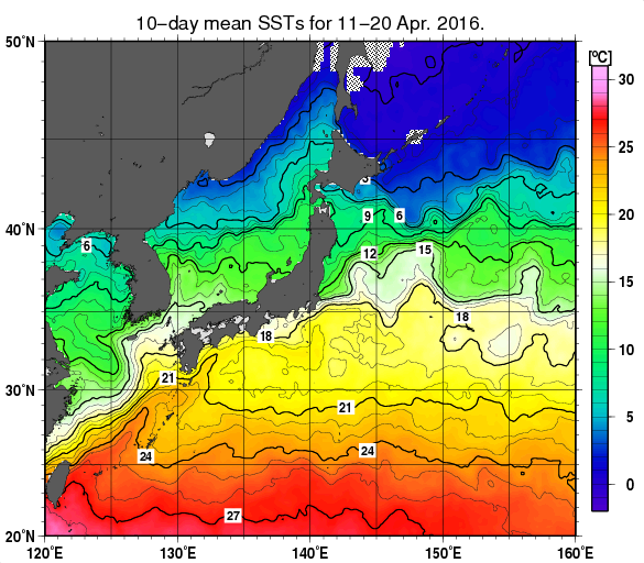 日本近海の旬平均海面水温分布図（2016年4月中旬）