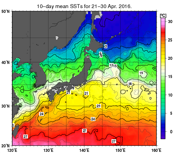 日本近海の旬平均海面水温分布図（2016年4月下旬）