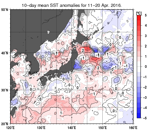 日本近海の旬平均海面水温平年差分布図（2016年4月中旬）