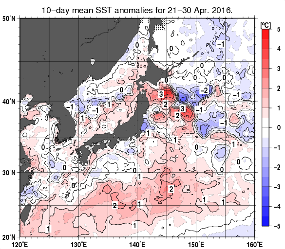 日本近海の旬平均海面水温平年差分布図（2016年4月下旬）
