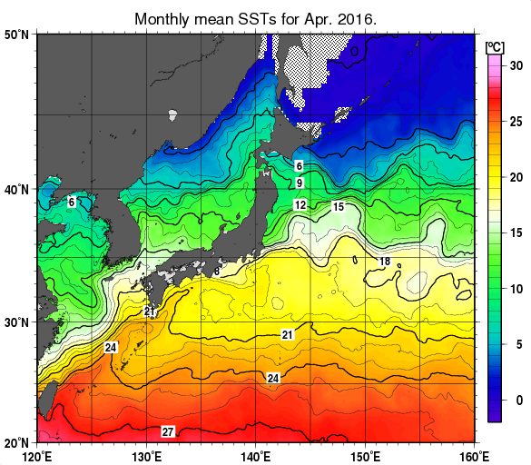 日本近海の月平均海面水温分布図（2016年4月）