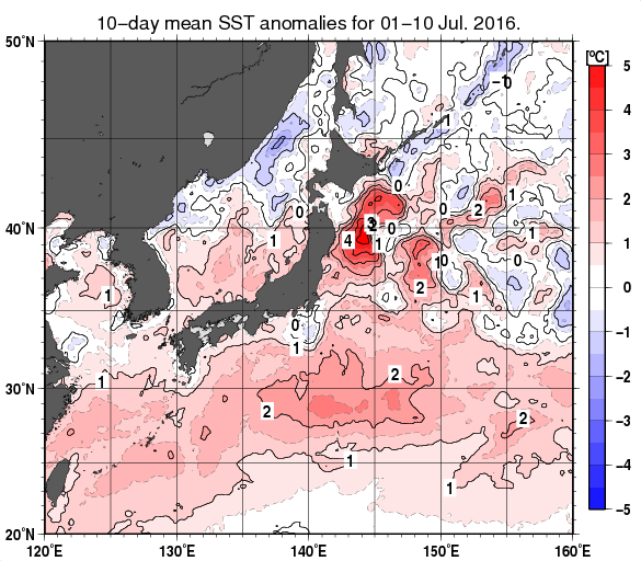 日本近海の旬平均海面水温平年差分布図（2016年7月上旬）