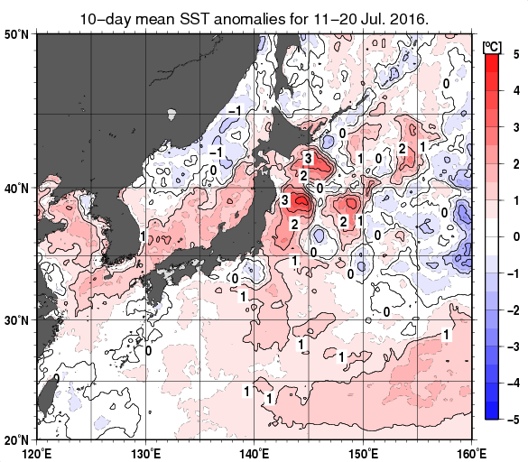 日本近海の旬平均海面水温平年差分布図（2016年7月中旬）