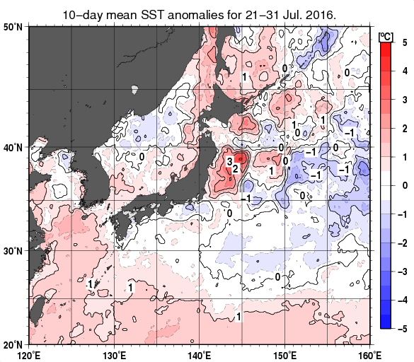 日本近海の旬平均海面水温平年差分布図（2016年7月下旬）