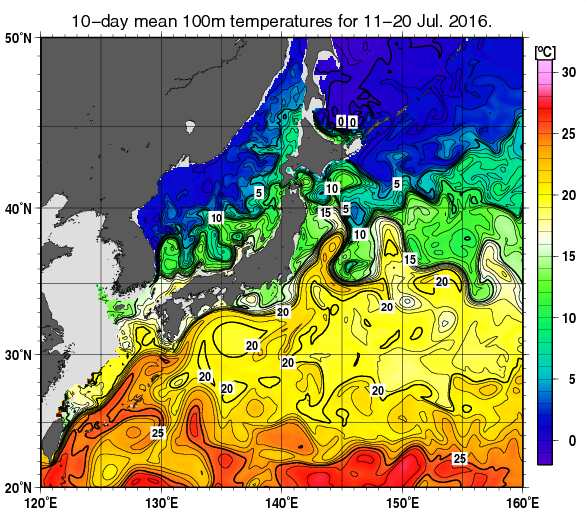 日本近海の深さ100mの旬平均水温分布図（2016年7月中旬）